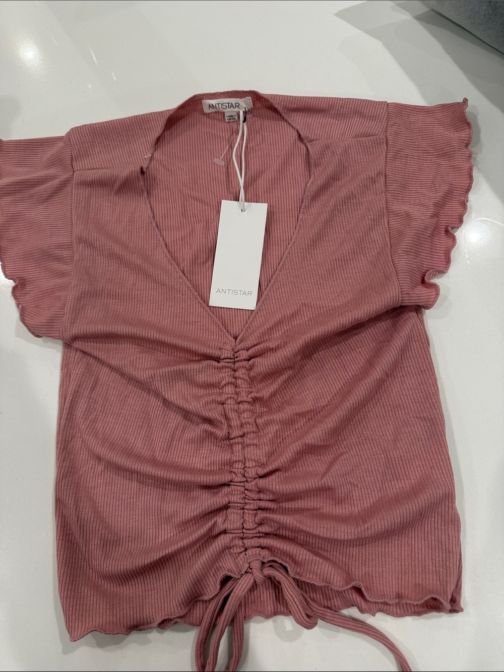 Ruched V-Neck Short Sleeve Top - Rose Pink